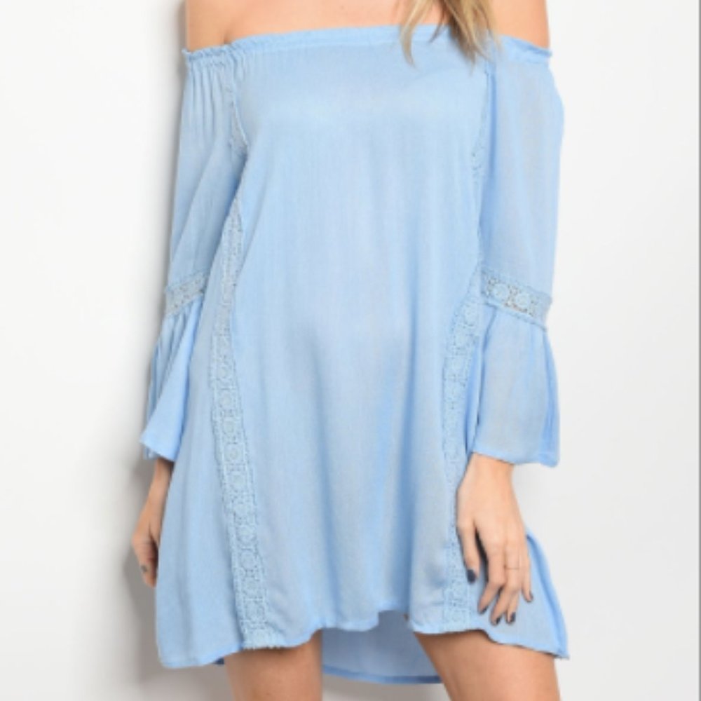 Sky Blue Lace Trim Off The Shoulder Dress